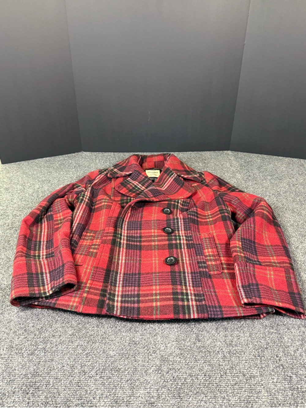 ✨ Old Navy Red Plaid Double-Breasted Pea Coat - Size Medium ✨